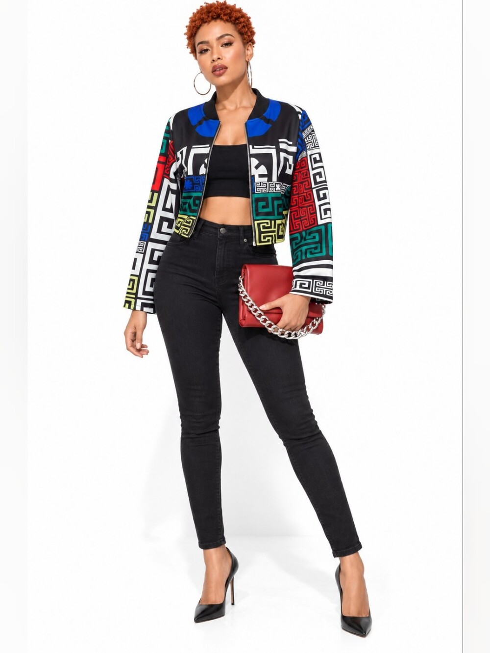 Multicolor Greek Key Geometric Print Cropped Zip-Front Jacket - Picture 2 of 8